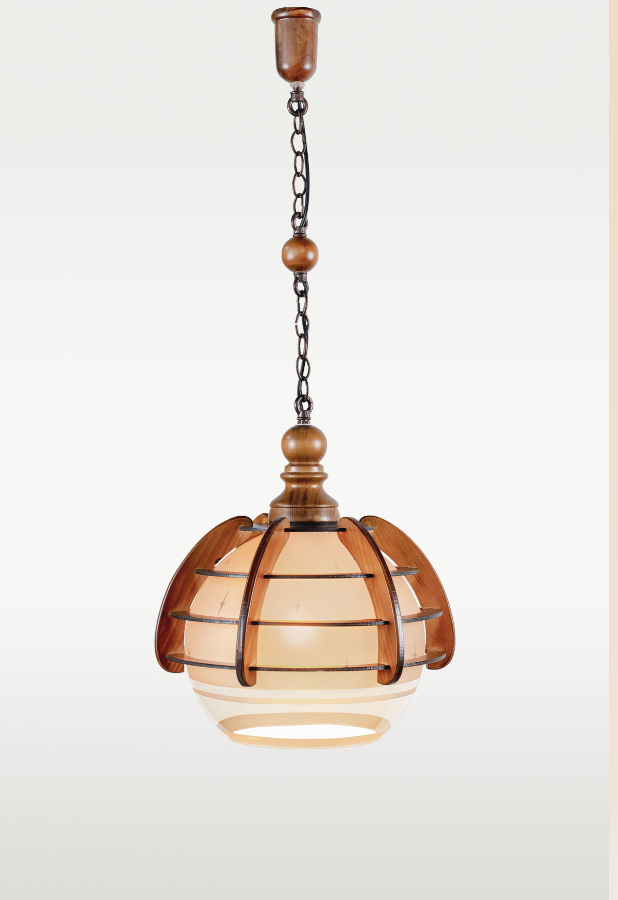oval-wooden-pendant-light-frosted-glass-checkmark-49 Amber glass globe pendant light with carved wood cage – Checkmark Model 49 – warm rustic lighting for dining rooms and cozy interiors
