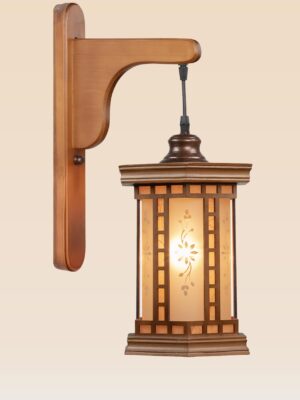 Rectangular wooden wall sconce light with frosted floral glass shade – distributed by Checkmark, crafted by DARKAR Lighting Industries