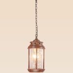 Wood-framed cylindrical pendant light with etched clear glass – Checkmark Model 53 – rustic hanging wooden lighting with vintage charm