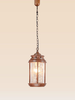 Wood-framed cylindrical pendant light with etched clear glass – Checkmark Model 53 – rustic hanging wooden lighting with vintage charm