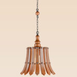 Rustic wooden pendant light with curved slatted shade and metal stud accents – Checkmark Model 64