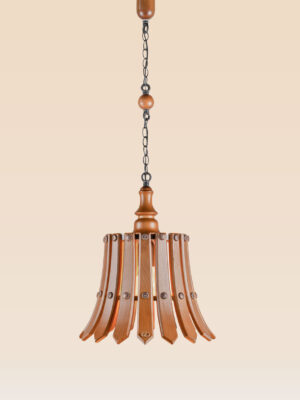 Rustic wooden pendant light with curved slatted shade and metal stud accents – Checkmark Model 64