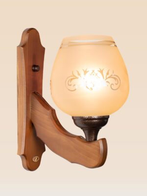 Rustic wooden wall sconce light with round frosted glass shade and floral etching – Model 418, wall sconce lights, modern wall sconces, rustic wall sconces, decorative wall sconces, wooden wall sconces, indoor wall sconces, vintage wall sconces