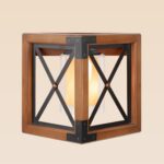 Rustic wooden wall sconce light with black cross-frame design and frosted glass shade – Model 413, wall sconce lights, modern wall sconces, rustic wall sconces, decorative wall sconces, wooden wall sconces, indoor wall sconces, vintage wall sconces