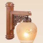 Rustic wooden wall sconce light with ornate scrollwork and frosted etched glass globe – Model 409, wall sconce lights, modern wall sconces, rustic wall sconces, decorative wall sconces, wooden wall sconces, indoor wall sconces, vintage wall sconces