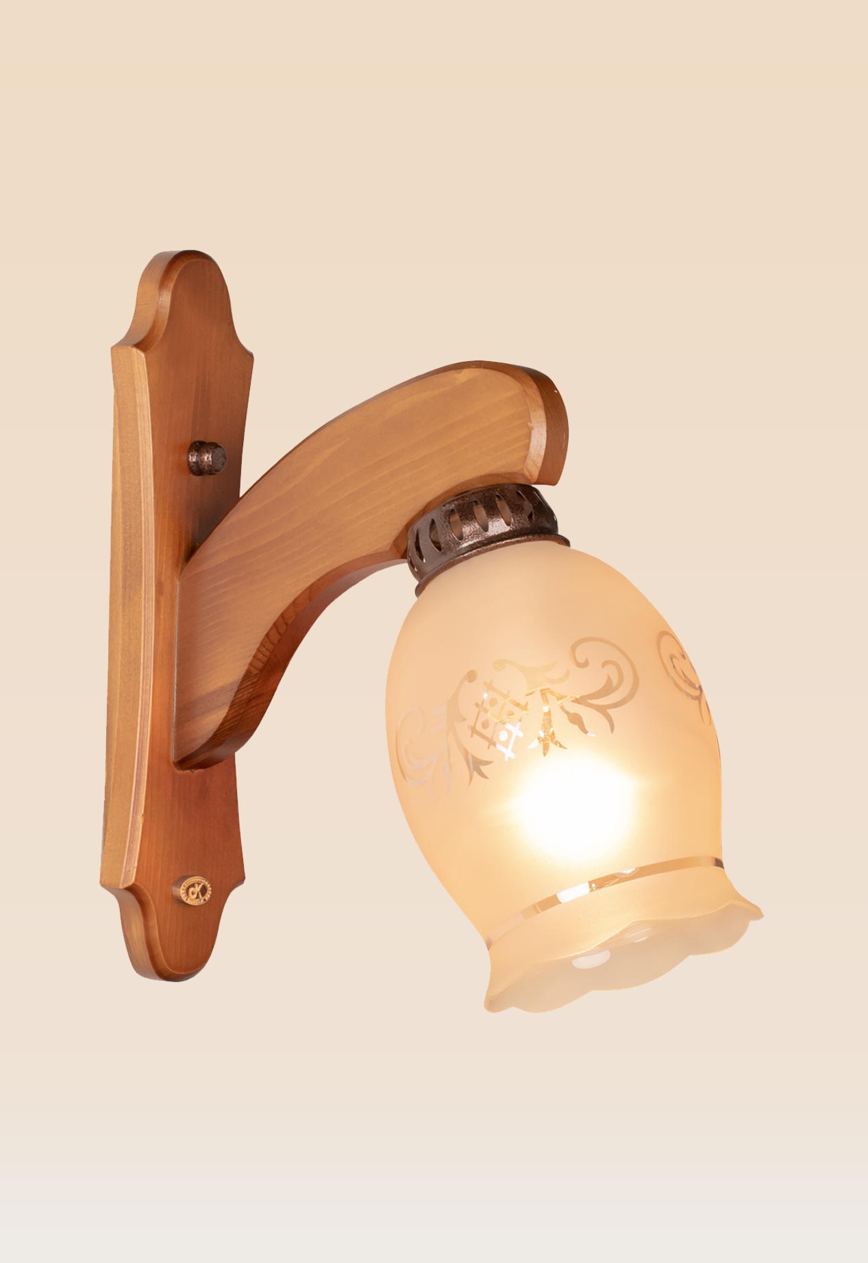 single-wooden-wall-sconce-frosted-floral-glass-checkmark-darkar-431 Single wooden wall sconce light with frosted floral glass shade – distributed by Checkmark, crafted by DARKAR Lighting Industries