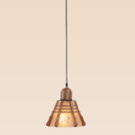 Flared glass pendant light with floral etching and wooden ribs – Checkmark Model 50 – ideal for kitchens, bedrooms, and rustic interiors