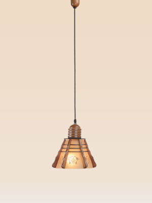 Flared glass pendant light with floral etching and wooden ribs – Checkmark Model 50 – ideal for kitchens, bedrooms, and rustic interiors