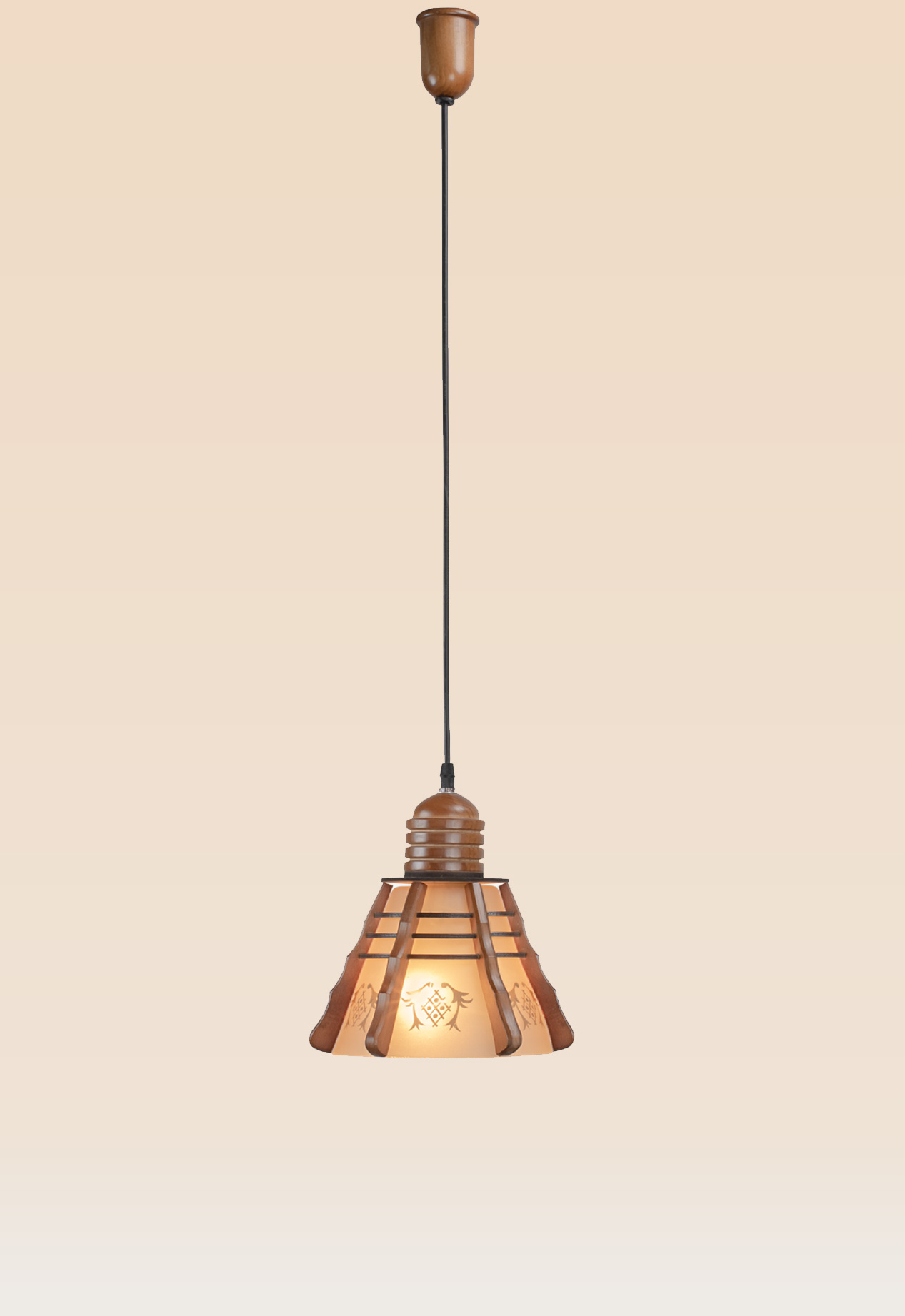 tapered-wooden-pendant-light-floral-glass-checkmark-50.png Flared glass pendant light with floral etching and wooden ribs – Checkmark Model 50 – ideal for kitchens, bedrooms, and rustic interiors