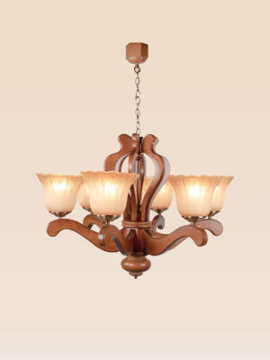 Traditional wooden chandelier model 244a6 with six sculpted arms, flared frosted glass shades, and bronze fittings — a handcrafted wooden ceiling light by Checkmark
