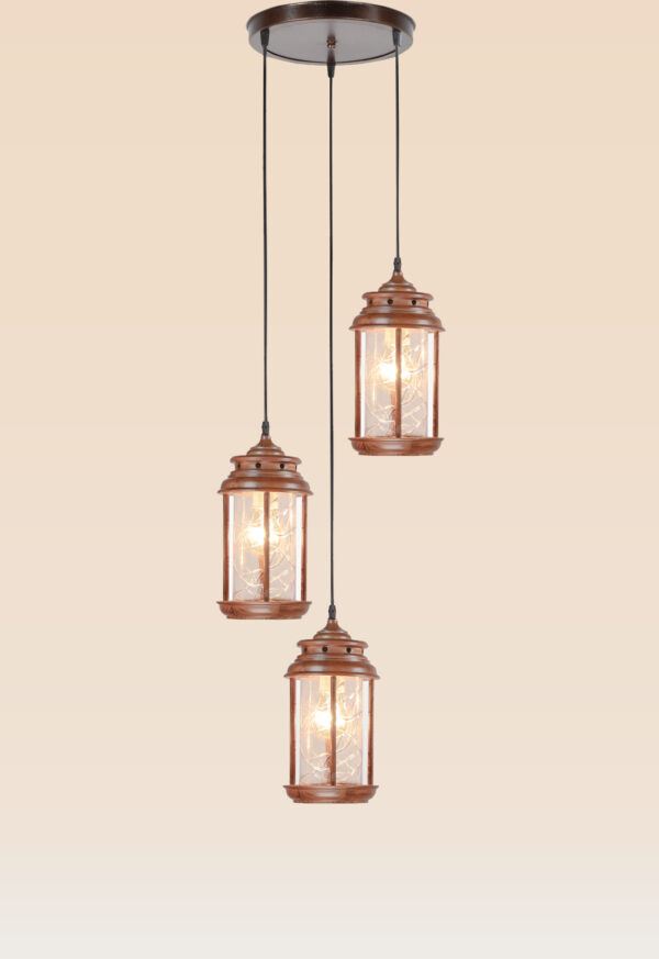 Triple wooden pendant light set with etched cylindrical glass – Checkmark Model 53-3 – rustic heritage hanging lights in staggered design