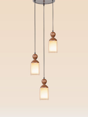 Triple wooden pendant light set with turned tops and frosted square glass shades – Checkmark Model 57-3 – modern rustic cascading ceiling light