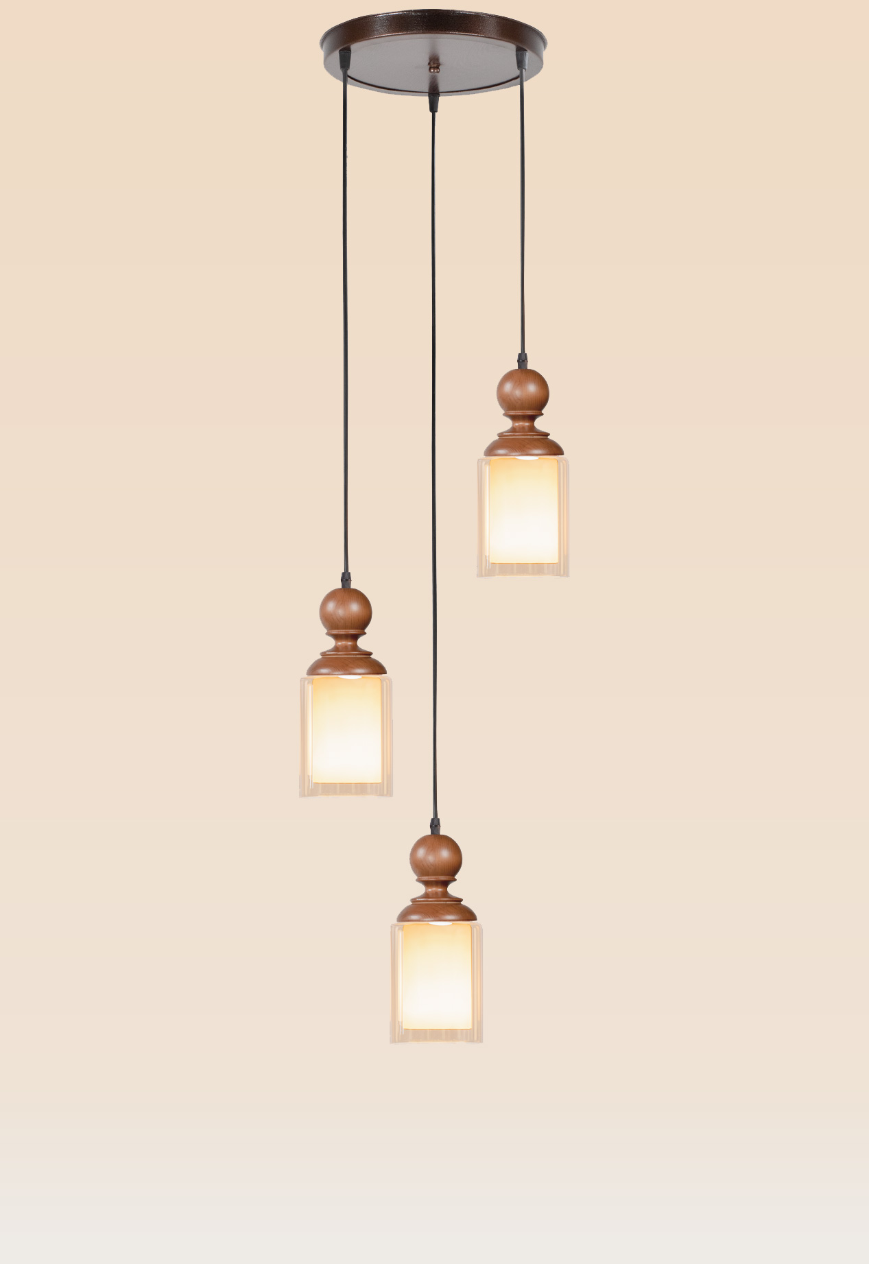 triple-wooden-frosted-cylinder-pendant-light-checkmark-57-3 Triple wooden pendant light set with turned tops and frosted square glass shades – Checkmark Model 57-3 – modern rustic cascading ceiling light
