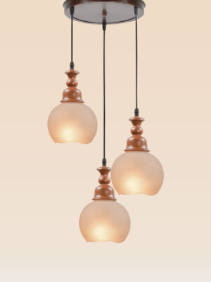 Triple pendant light with wooden tops and frosted globe glass shades – Checkmark Model 60-3 – vintage-inspired cascading lighting with warm rustic charm