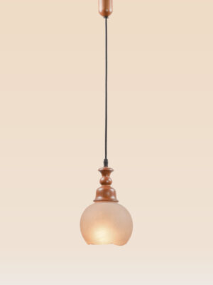 Small wooden pendant light with sculpted crown and frosted glass globe – Checkmark Model 60 – vintage artisan ceiling light for cozy spaces