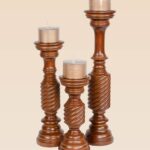 Elegant wooden candle holder set model 822 with carved spiral pillar design, handcrafted from premium wood for rustic, farmhouse, and classic interiors