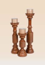 Elegant wooden candle holder set model 822 with carved spiral pillar design, handcrafted from premium wood for rustic, farmhouse, and classic interiors