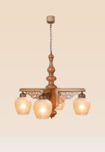 Traditional chandelier model 242-4 with carved wooden body, decorative fretwork, and four frosted glass globes — Persian-inspired ceiling light by Checkmark.