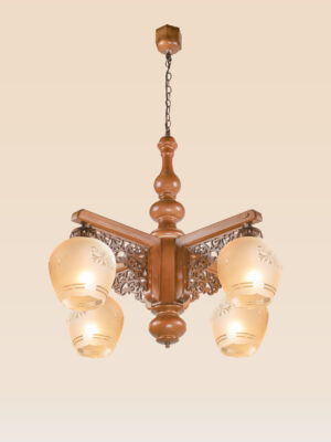 Traditional chandelier model 242-4 with carved wooden body, decorative fretwork, and four frosted glass globes — Persian-inspired ceiling light by Checkmark-side view