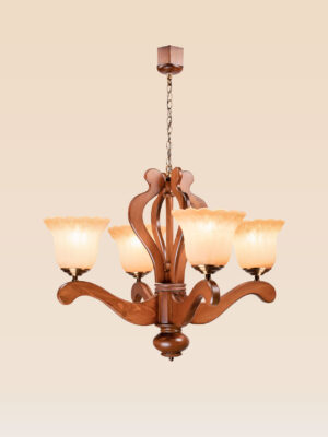 Wooden chandelier model 244a4 with sculpted arms, flared frosted glass shades, and bronze fittings — classic and elegant ceiling light by Checkmark