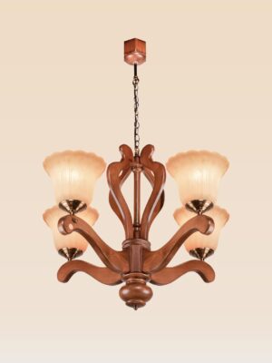 Wooden chandelier model 244a4 with sculpted arms, flared frosted glass shades, and bronze fittings — classic and elegant ceiling light by Checkmark-side view