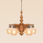 Traditional chandelier model 242-6 with carved wooden body, intricate fretwork panels, and six frosted etched glass globes — Persian-inspired ceiling light by Checkmark