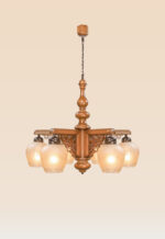 Traditional chandelier model 242-6 with carved wooden body, intricate fretwork panels, and six frosted etched glass globes — Persian-inspired ceiling light by Checkmark