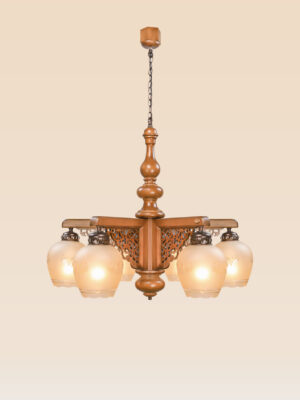 Traditional chandelier model 242-6 with carved wooden body, intricate fretwork panels, and six frosted etched glass globes — Persian-inspired ceiling light by Checkmark
