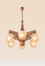 Traditional chandelier model 242-6 with carved wooden body, intricate fretwork panels, and six frosted etched glass globes — Persian-inspired ceiling light by Checkmark-side