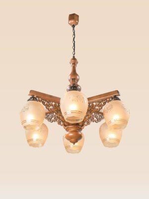 Traditional chandelier model 242-6 with carved wooden body, intricate fretwork panels, and six frosted etched glass globes — Persian-inspired ceiling light by Checkmark-side