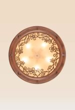 Round wooden ceiling light with frosted glass and floral pattern, flush mount, Model 304, large, front view