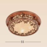 Round wooden ceiling light with frosted glass and floral pattern, flush mount, Model 304.