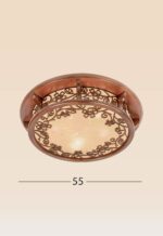 Round wooden ceiling light with frosted glass and floral pattern, flush mount, Model 304.