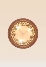 Round wooden ceiling light with frosted glass and floral pattern, flush mount, Model 304, medium, front view