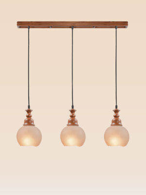 Horizontal triple pendant light with wooden tops and frosted globe shades – Checkmark Model 60h3 – rustic linear hanging light for kitchen islands and dining spaces
