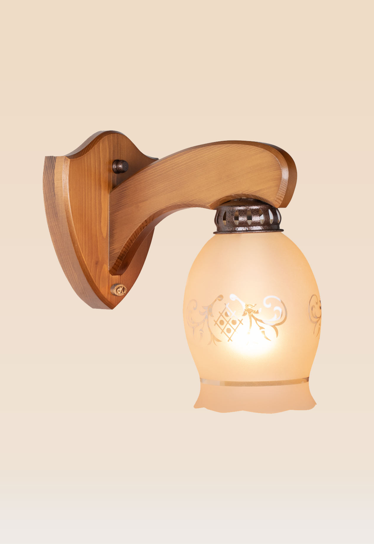 wooden-single-arm-wall-sconce-curved-bracket-frosted-glass-checkmark-darkar-452 Single-arm wooden wall sconce light with curved bracket and frosted etched glass shade – distributed by Checkmark, crafted by DARKAR Lighting Industries.