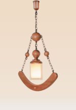Wooden cradle-style pendant light with frosted square glass and curved wooden base – Checkmark Model 57 – whimsical hanging wooden light with vintage charm
