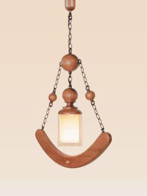 Wooden cradle-style pendant light with frosted square glass and curved wooden base – Checkmark Model 57 – whimsical hanging wooden light with vintage charm