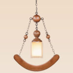 Wooden cradle-style pendant light with frosted square glass and curved wooden base – Checkmark Model 57 – whimsical hanging wooden light with vintage charm-side view