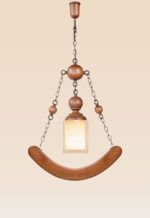 Wooden cradle-style pendant light with frosted square glass and curved wooden base – Checkmark Model 57 – whimsical hanging wooden light with vintage charm-side view