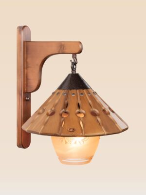 Rustic wooden wall sconce light with hanging conical wooden shade and frosted etched glass – distributed by Checkmark, crafted by DARKAR Lighting Industries.