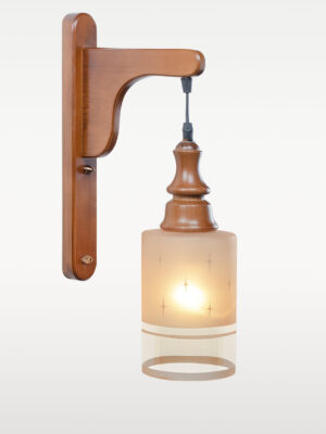Wooden wall sconce light with cylindrical frosted glass shade – distributed by Checkmark, crafted by DARKAR Lighting Industries.
