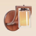 Wooden wall sconce light with dual-layer cylindrical glass shade – distributed by Checkmark, crafted by DARKAR Lighting Industries.