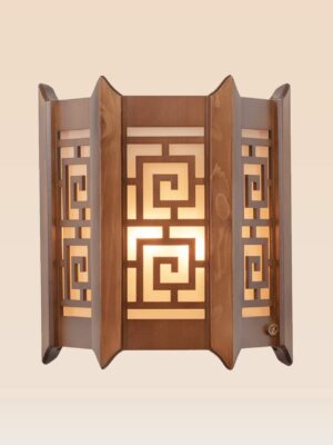 Wooden wall sconce light with geometric lattice design and frosted inner diffuser – distributed by Checkmark, crafted by DARKAR Lighting Industries.
