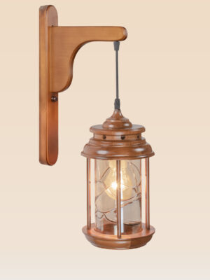 Rustic wooden wall sconce light with hanging lantern-style glass enclosure – distributed by Checkmark, crafted by DARKAR Lighting Industries.