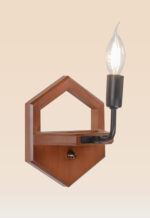 Wooden wall sconce light with hexagonal backplate and exposed candle-style bulb – distributed by Checkmark, crafted by DARKAR Lighting Industries-side view