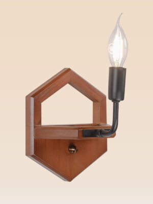 Wooden wall sconce light with hexagonal backplate and exposed candle-style bulb – distributed by Checkmark, crafted by DARKAR Lighting Industries-side view