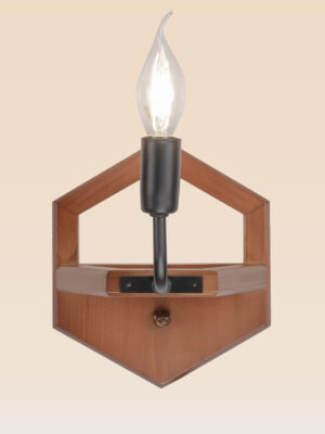 Wooden wall sconce light with hexagonal backplate and exposed candle-style bulb – distributed by Checkmark, crafted by DARKAR Lighting Industries.