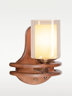 Wooden wall sconce light with layered circular base and double glass cylindrical shade – distributed by Checkmark, crafted by DARKAR Lighting Industries.