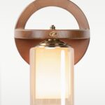 Wooden wall sconce light with downward-facing cylindrical frosted glass shade – Model 405r, wall sconce lights, modern wall sconces, rustic wall sconces, decorative wall sconces, wooden wall sconces, indoor wall sconces, vintage wall sconces